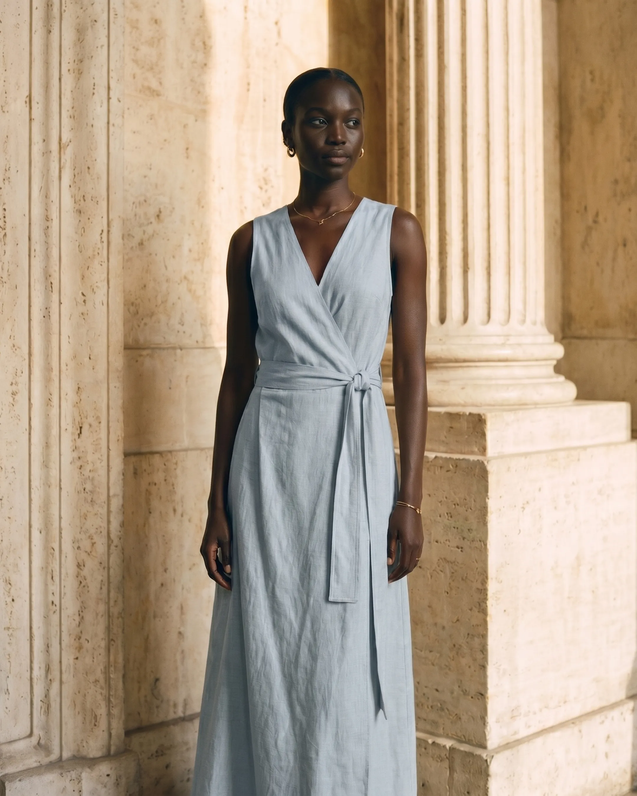Lavinia Sleeveless V-Neck Self-Tie Wrap Dress in Tencel-Linen in Cobalto — Hugo Caesar Tassi