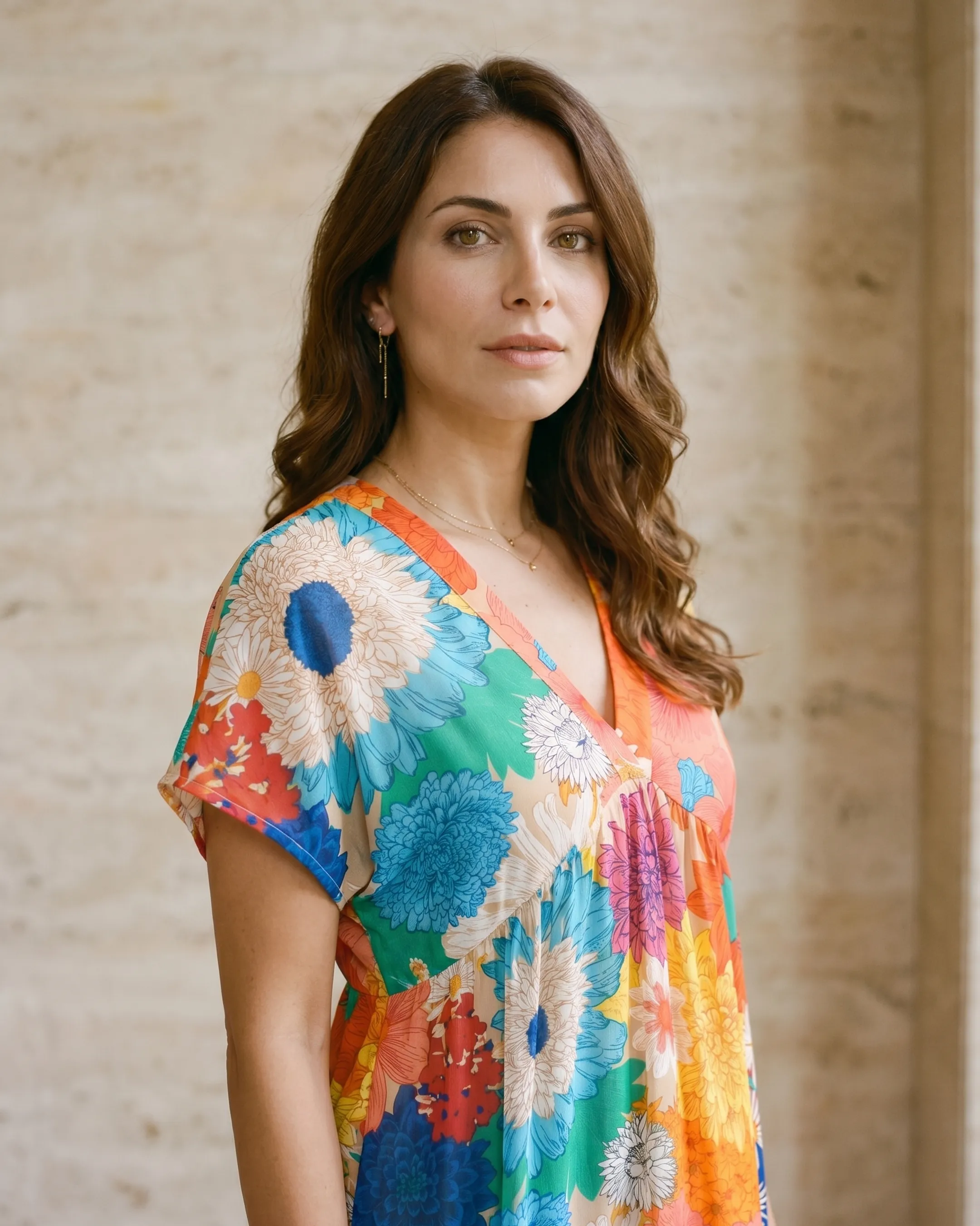 Livilla dress — deep V-neck and soft dolman-sleeve bodice detail in the multicolor floral print, warm travertine studio, Hugo Caesar Tassi