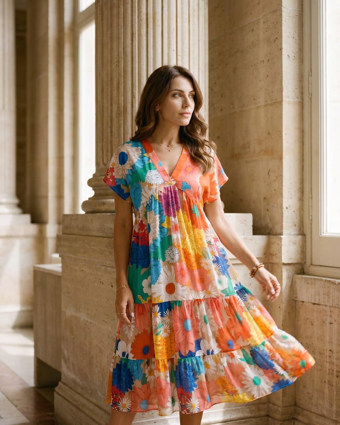 Livilla floral-print chiffon midi dress — editorial, model beside a fluted travertine column in a sunlit Roman atelier, Hugo Caesar Tassi