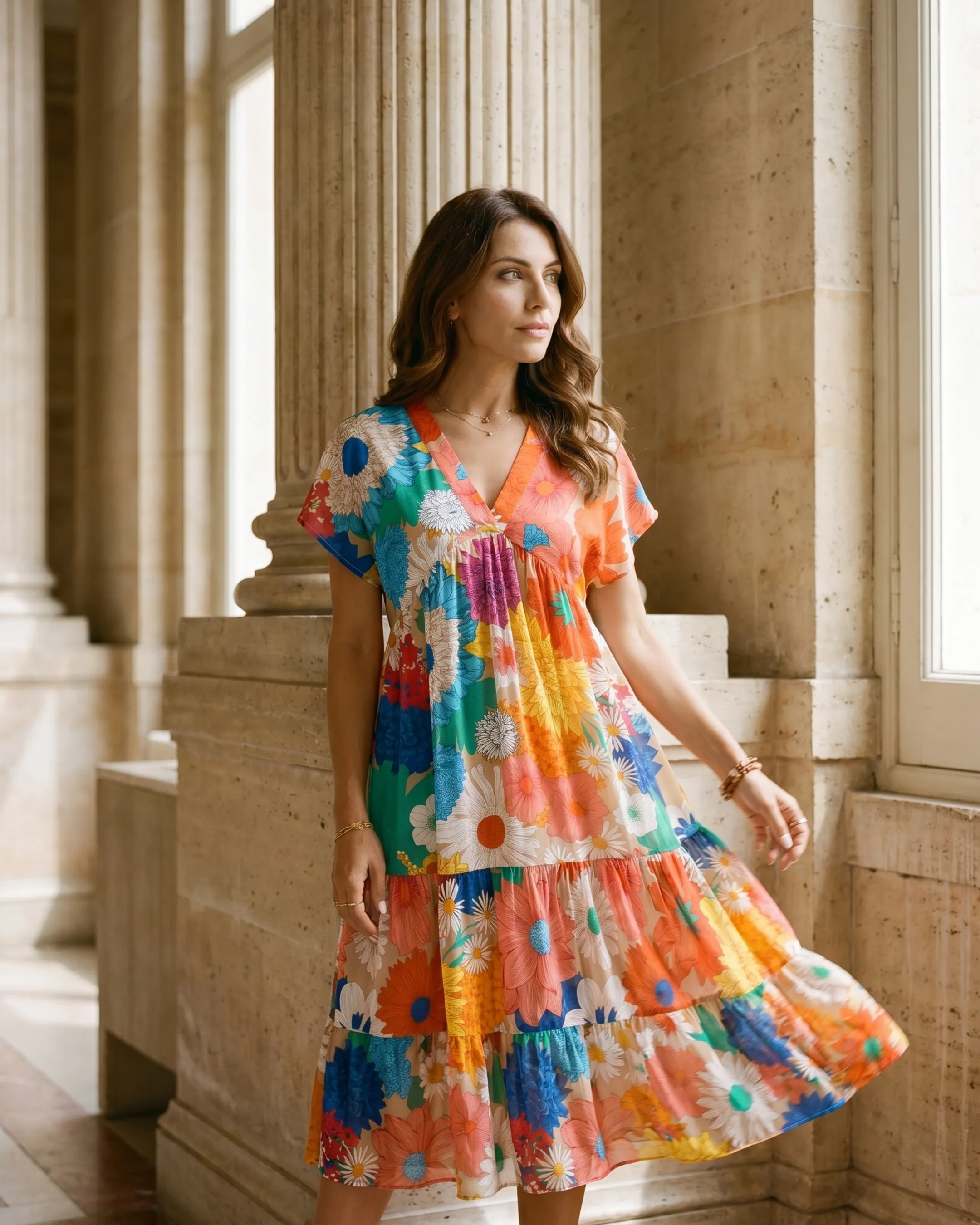 Livilla floral-print chiffon midi dress — editorial, model beside a fluted travertine column in a sunlit Roman atelier, Hugo Caesar Tassi