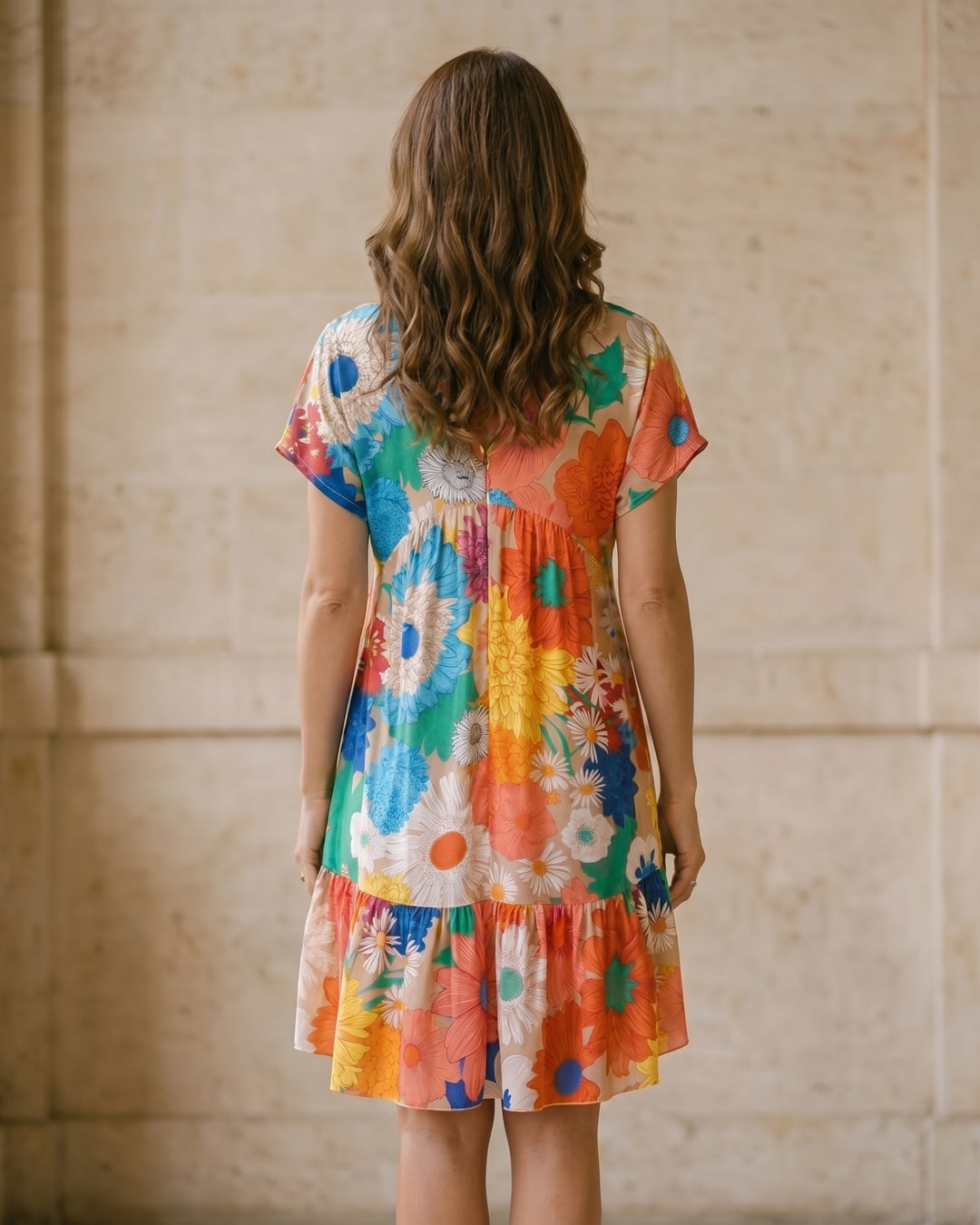 Full-length rear view of the Hugo Caesar Tassi Livilla floral-print chiffon midi dress in multicolor bloom on Avorio, seen from behind, showing the back of the dress, the gathered yoke, soft dolman sleeves and tiered ruffled hem in a Roman travertine studio