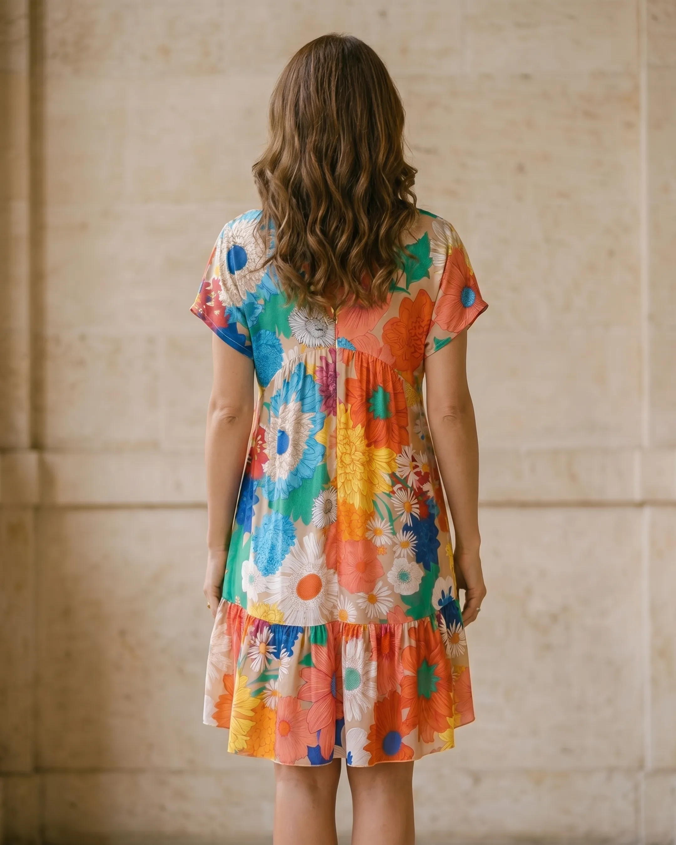Full-length rear view of the Hugo Caesar Tassi Livilla floral-print chiffon midi dress in multicolor bloom on Avorio, seen from behind, showing the back of the dress, the gathered yoke, soft dolman sleeves and tiered ruffled hem in a Roman travertine studio