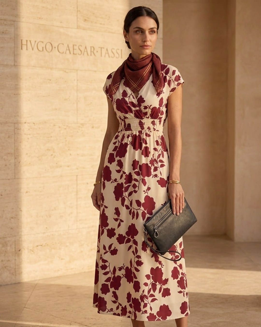 Hugo Caesar Tassi occasion look — the Aurelia self-tie wrap crepe midi in Porpora, the Viminia leather box clutch held in Basalt and the Cumae baroque silk scarf knotted at the neck in Porpora, in a Roman travertine hall