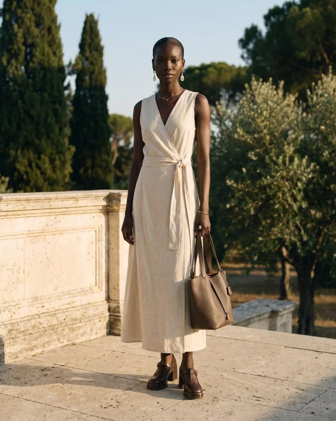 Hugo Caesar Tassi resort day look — the Lavinia ivory tencel-linen wrap dress, the Tivoli cowhide woven basket bag in Cuoio, the Lucilla low block-heel leather sandals in Basalt and the Fortuna pearl-teardrop silver earrings, on a sunlit Roman travertine terrace
