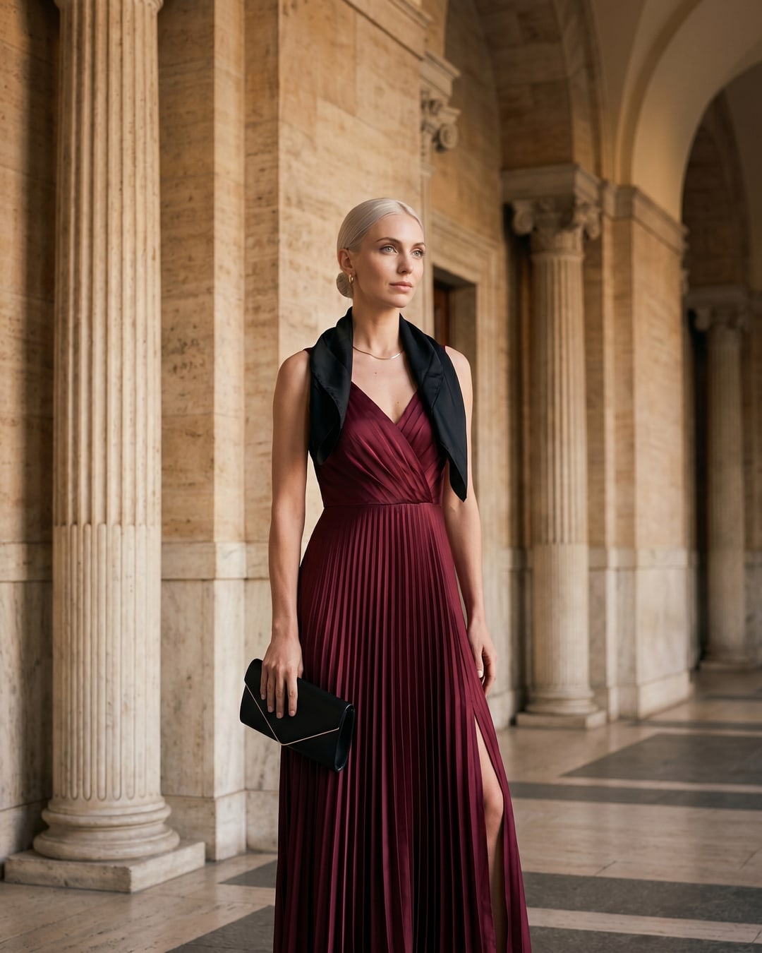 Hugo Caesar Tassi evening look — the Claudia pleated-slit satin gown in Porpora, the Quirina leather envelope clutch in Basalt and the Carina silk scarf in Basalt, in a Roman travertine hall