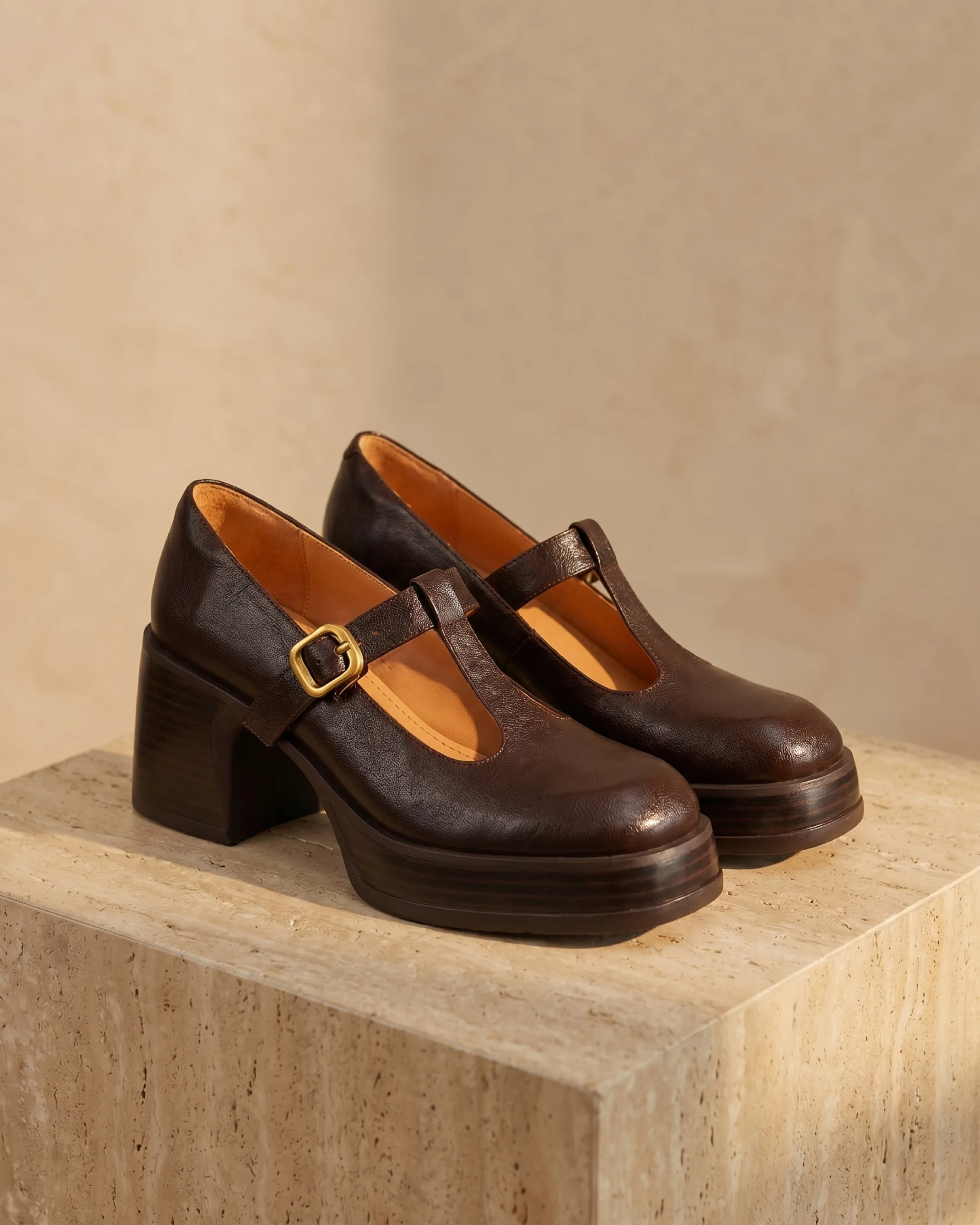 Hugo Caesar Tassi Lucilla T-bar block-heel leather Mary-Jane in Cuoio brown with a gold square buckle and platform sole, on a warm travertine pedestal