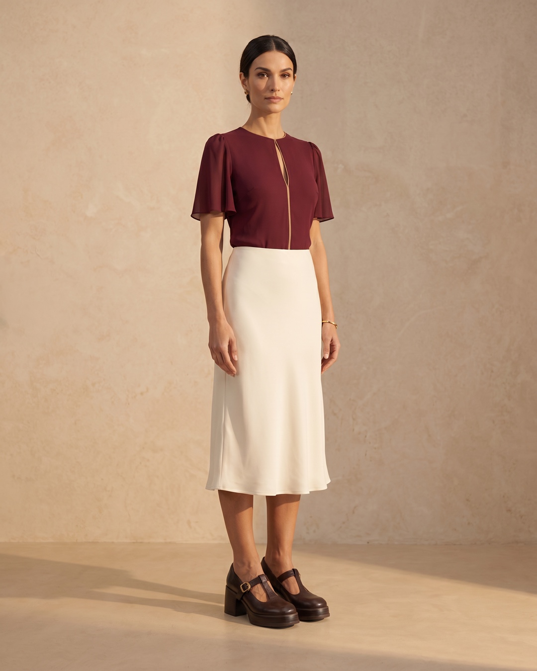 Hugo Caesar Tassi Lucilla brown leather T-bar Mary-Jane worn on the foot below an ivory hemline against a fluted travertine wall