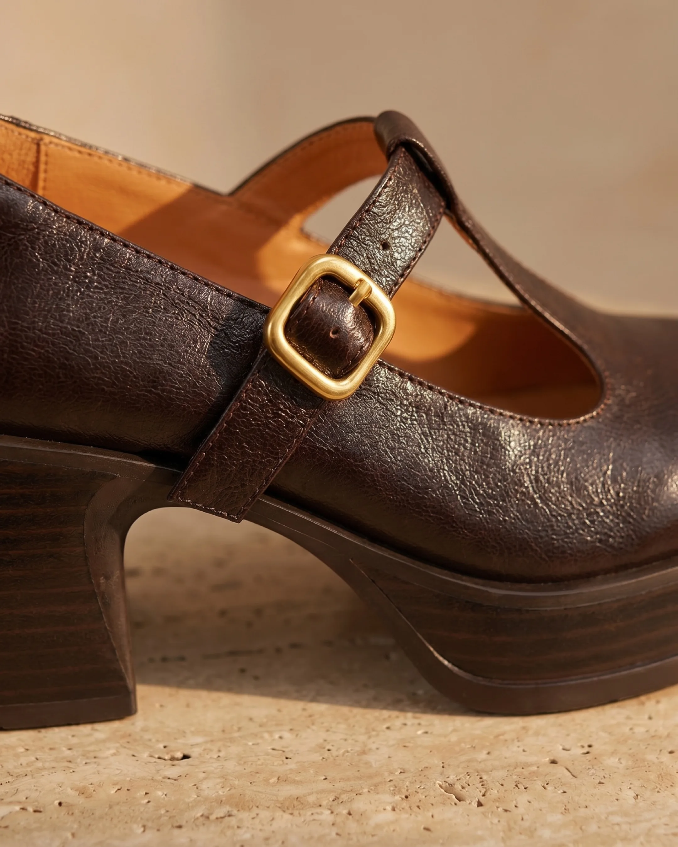 Hugo Caesar Tassi Lucilla macro of the T-strap, gold square buckle, stacked block heel and tan leather lining in full-grain brown leather