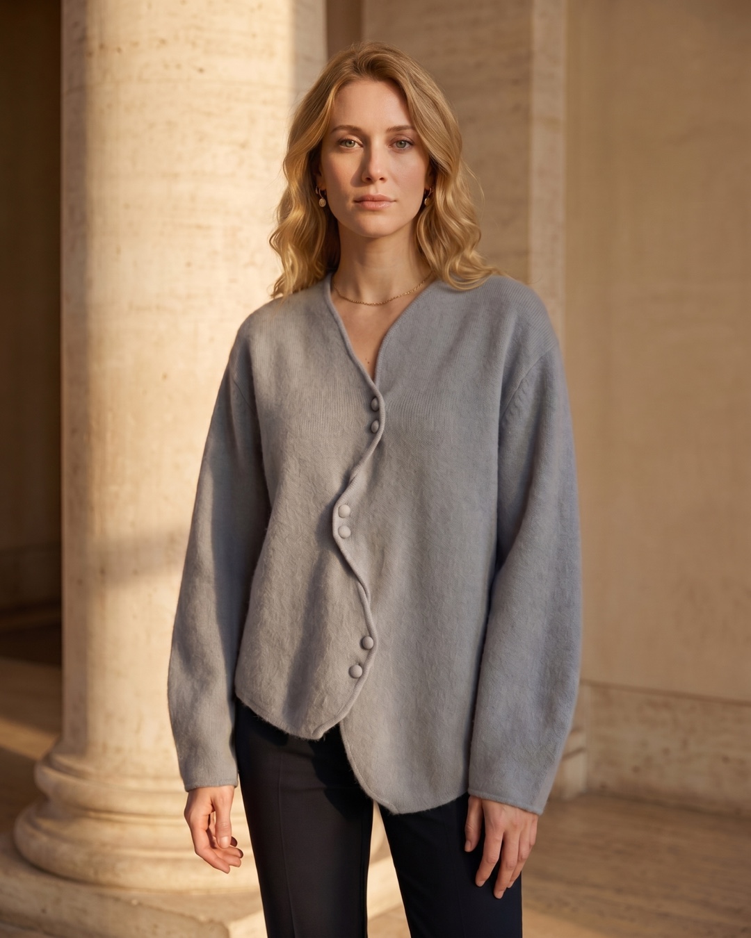 Hugo Caesar Tassi Lucretia soft-knit cardigan in grey-blue with an asymmetric wave-curved button placket
