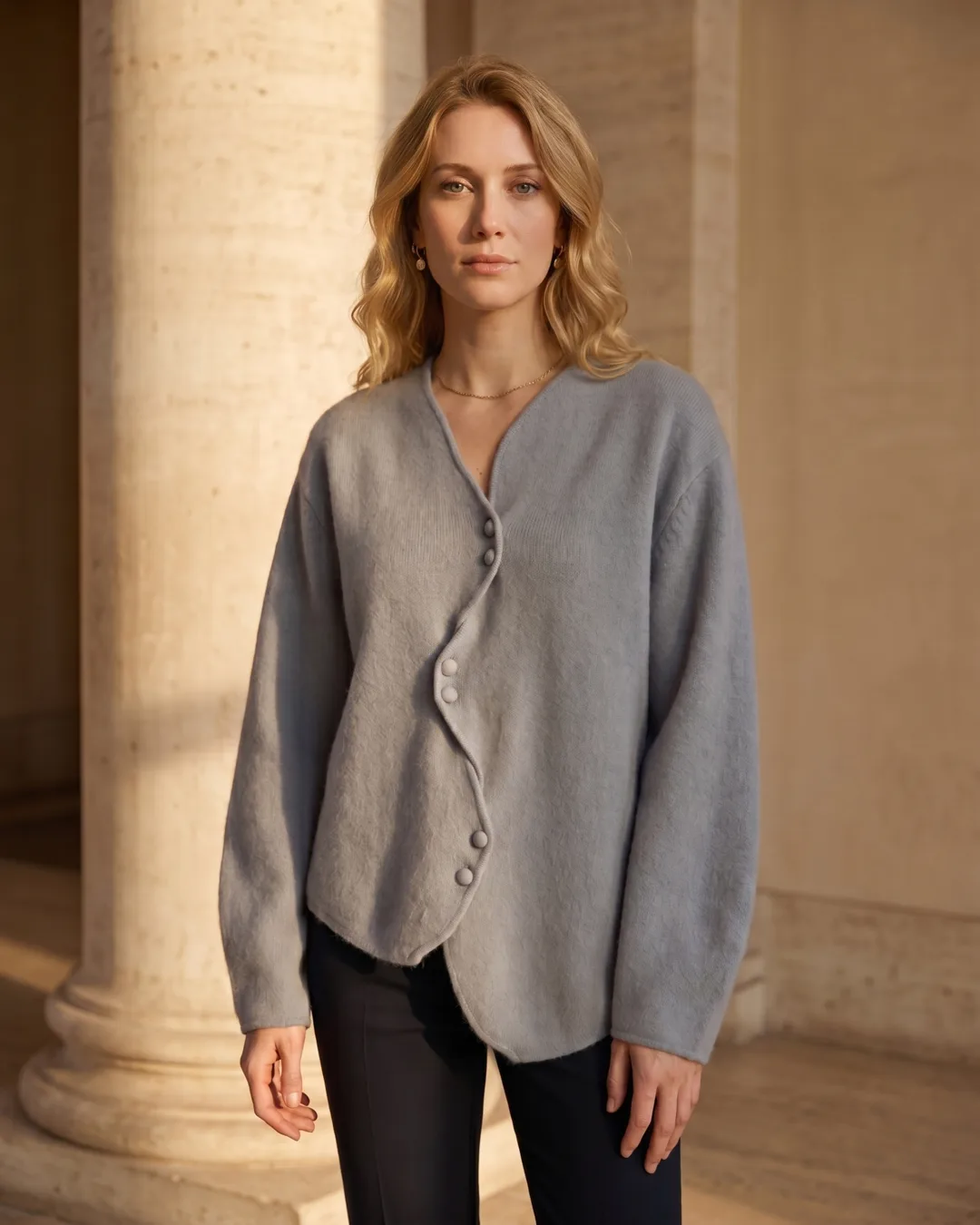Lucretia Asymmetric-Button Soft-Knit Cardigan in Cobalto — Hugo Caesar Tassi