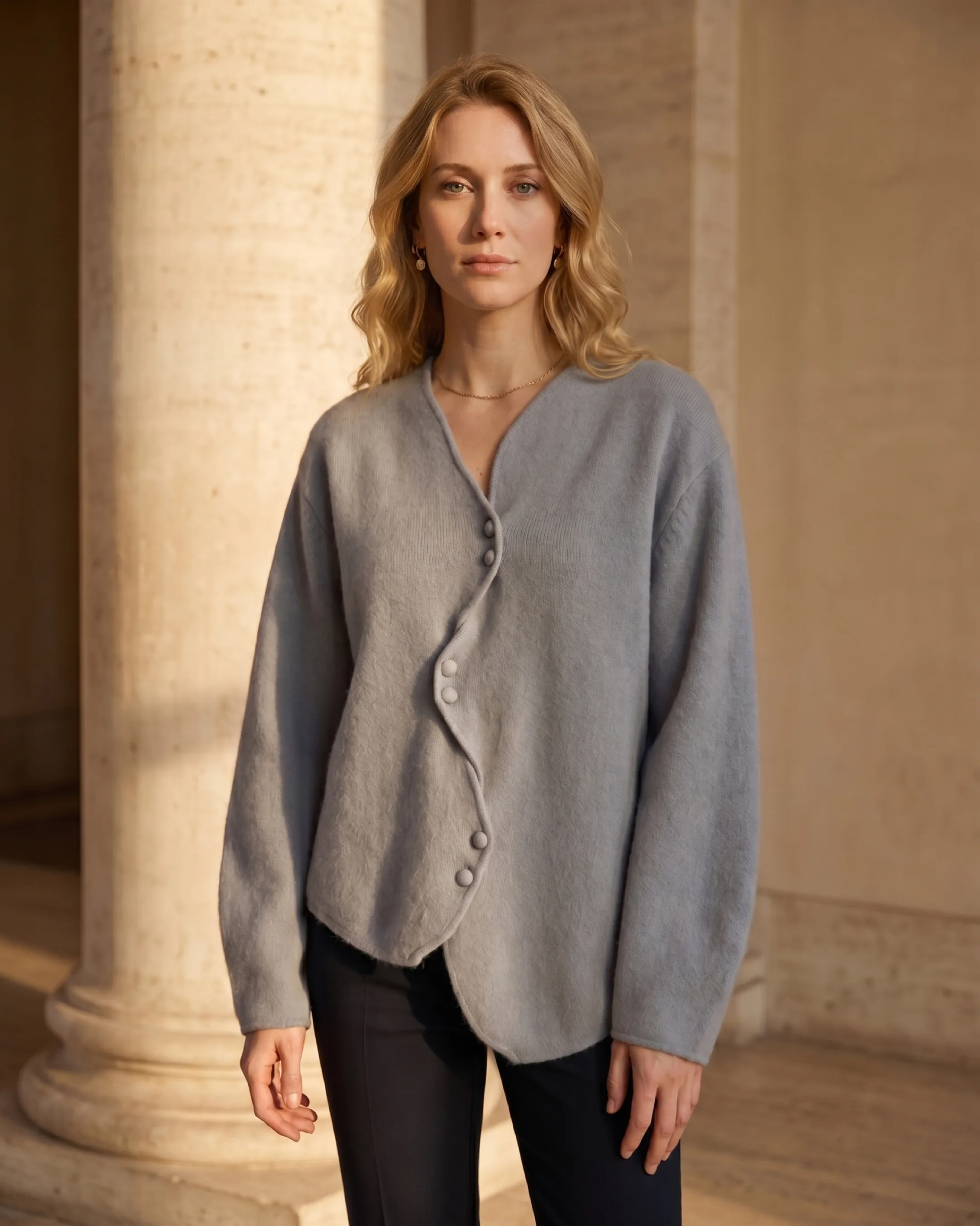 Hugo Caesar Tassi Lucretia soft-knit cardigan in grey-blue with an asymmetric wave-curved button placket