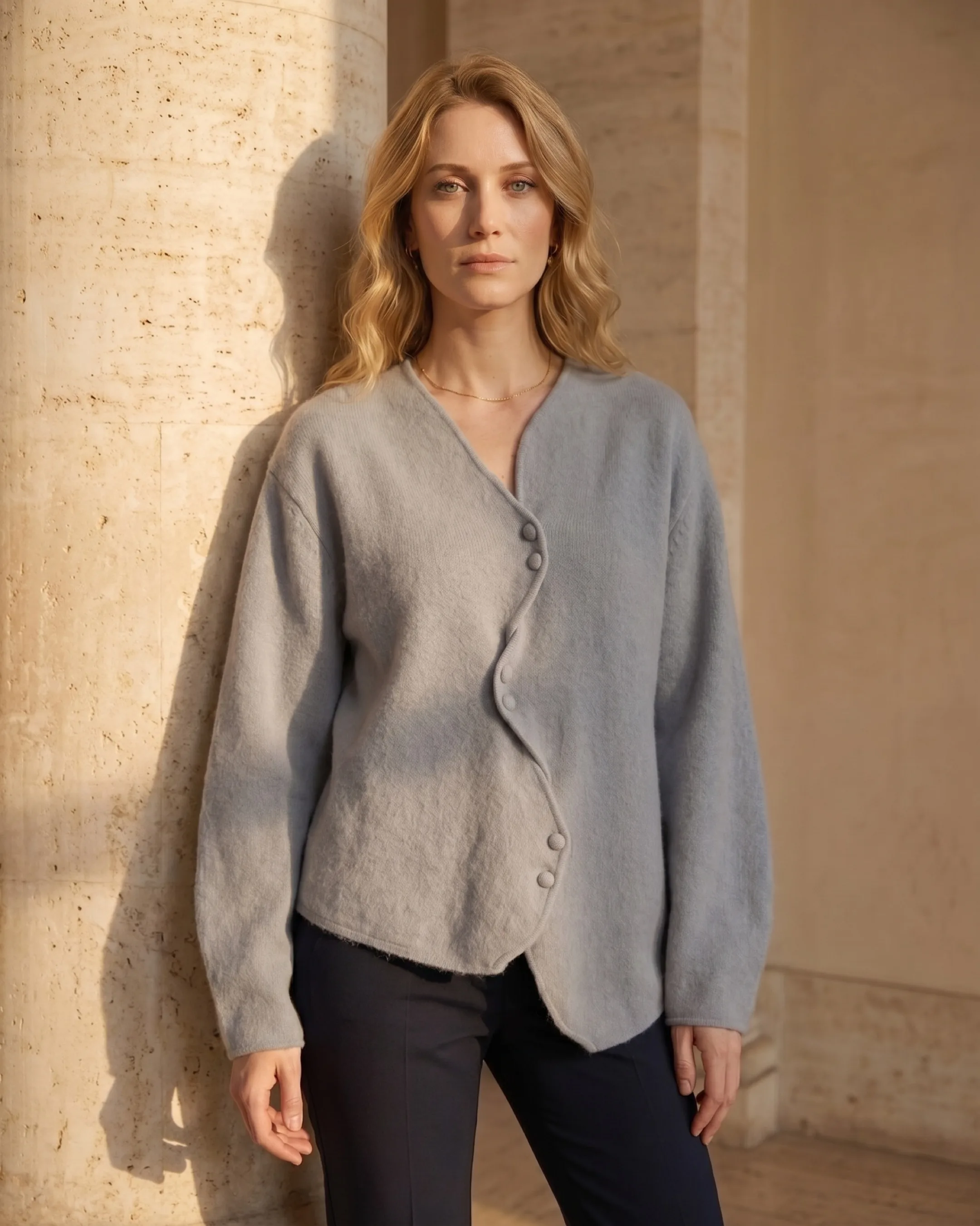 Hugo Caesar Tassi Lucretia cardigan editorial beside a fluted travertine column