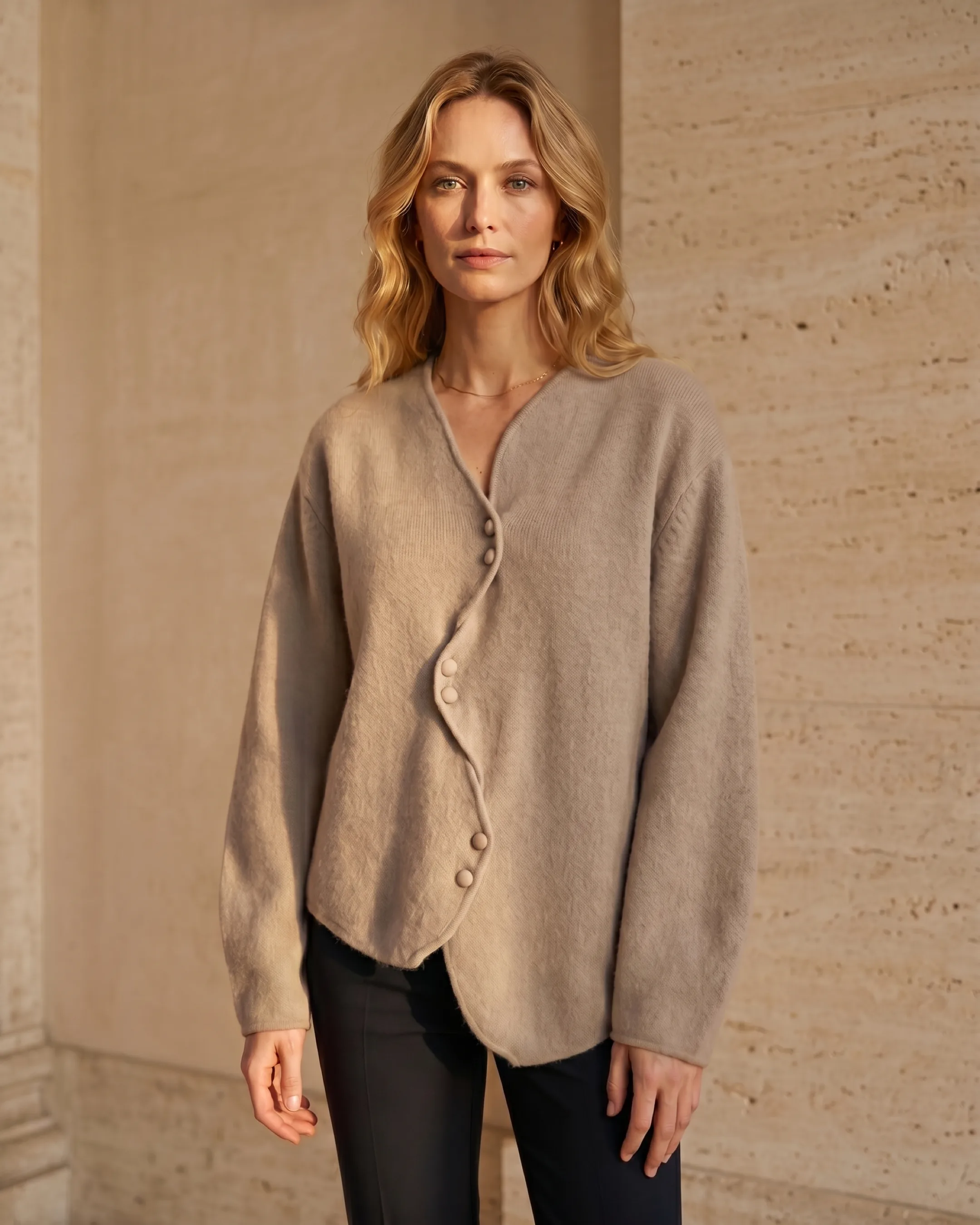 Lucretia Asymmetric-Button Soft-Knit Cardigan in Travertine — Hugo Caesar Tassi