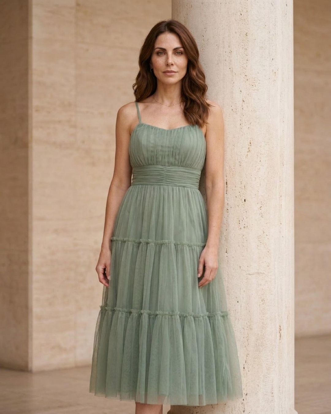 Hugo Caesar Tassi Marcia tiered tulle tea-length dress in soft sage green Verde Antico, worn by a model beside fluted columns in a Roman travertine studio
