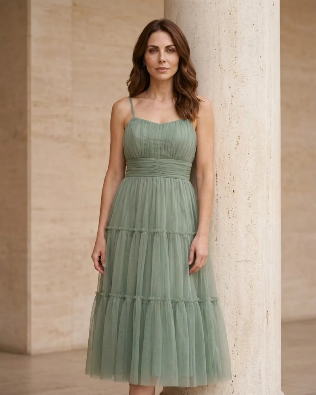 Marcia Tiered Tulle Tea-Length Dress in Cotton-Lined Tulle in Verde Antico — Hugo Caesar Tassi