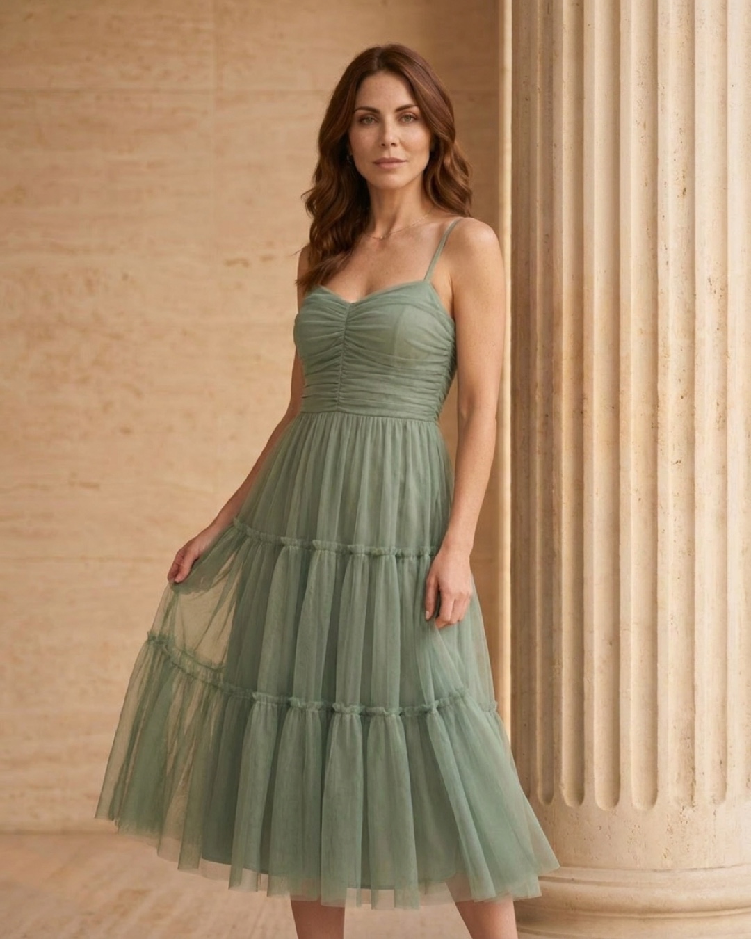 Editorial portrait of the Hugo Caesar Tassi Marcia tiered tulle tea-length dress in sage green Verde Antico among Roman travertine columns in golden light