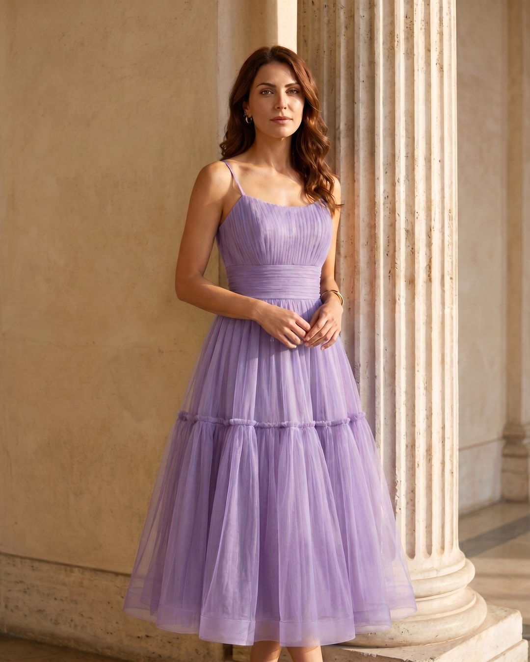 Marcia Tiered Tulle Tea-Length Dress in Cotton-Lined Tulle in Lavanda — Hugo Caesar Tassi