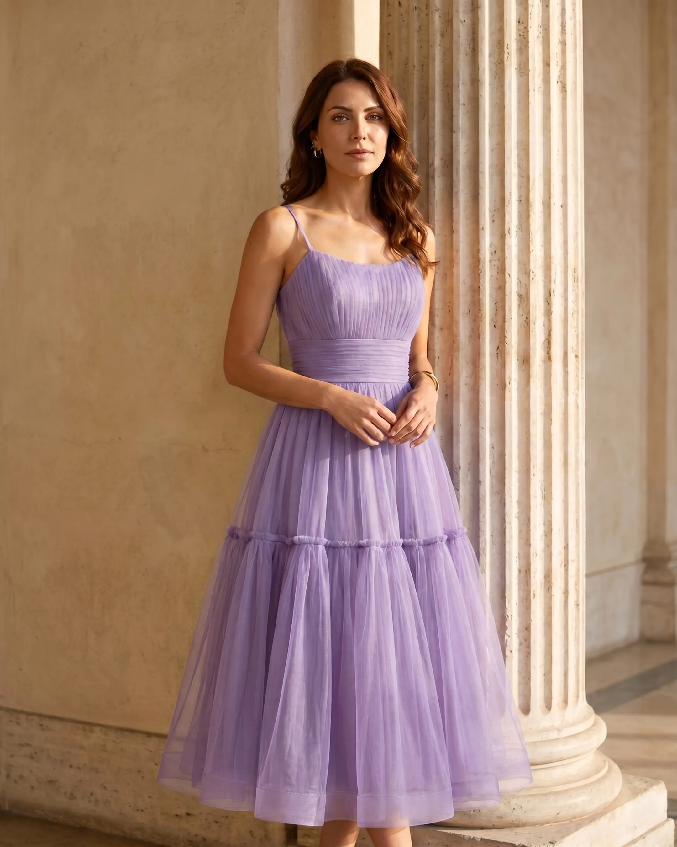 Marcia Tiered Tulle Tea-Length Dress in Cotton-Lined Tulle in Lavanda — Hugo Caesar Tassi