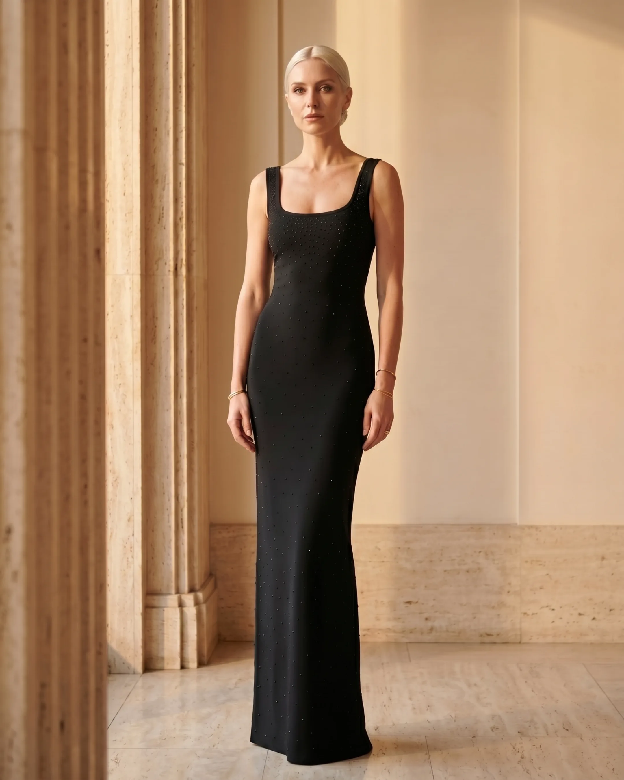 Hugo Caesar Tassi Mucia black column gown photographed beside a fluted travertine column in soft golden evening light