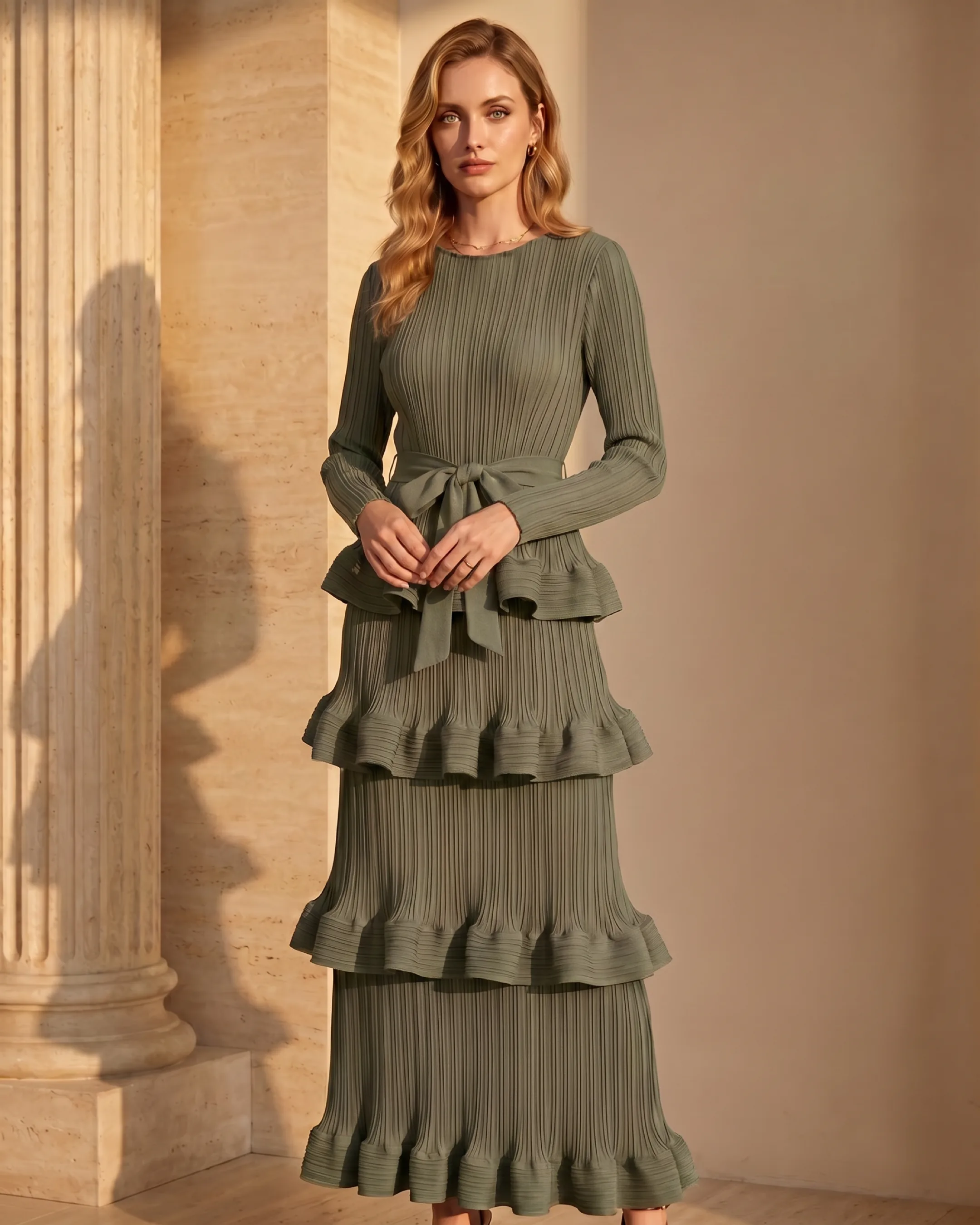Hugo Caesar Tassi Munatia belted tiered pleated column maxi dress in Verde Antico sage green, full-length on the model against a warm travertine wall