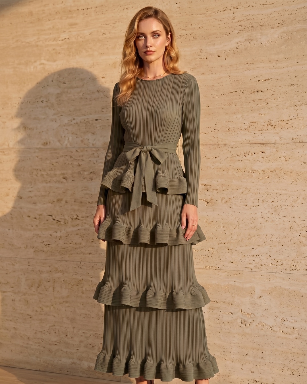 Hugo Caesar Tassi heritage look — the Munatia stola-inspired pleated column dress in Verde Antico, the Lanuvina woven leather basket tote in Cuoio and the Ravenna fringed stole in Basalt, in a Roman travertine setting