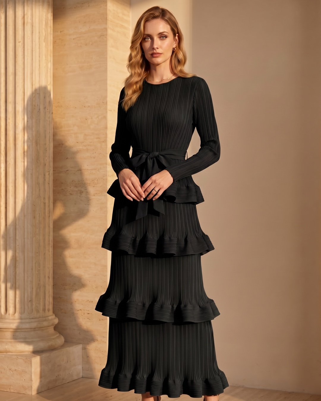 Munatia Belted Tiered Pleated Column Maxi Dress in Basalt — Hugo Caesar Tassi