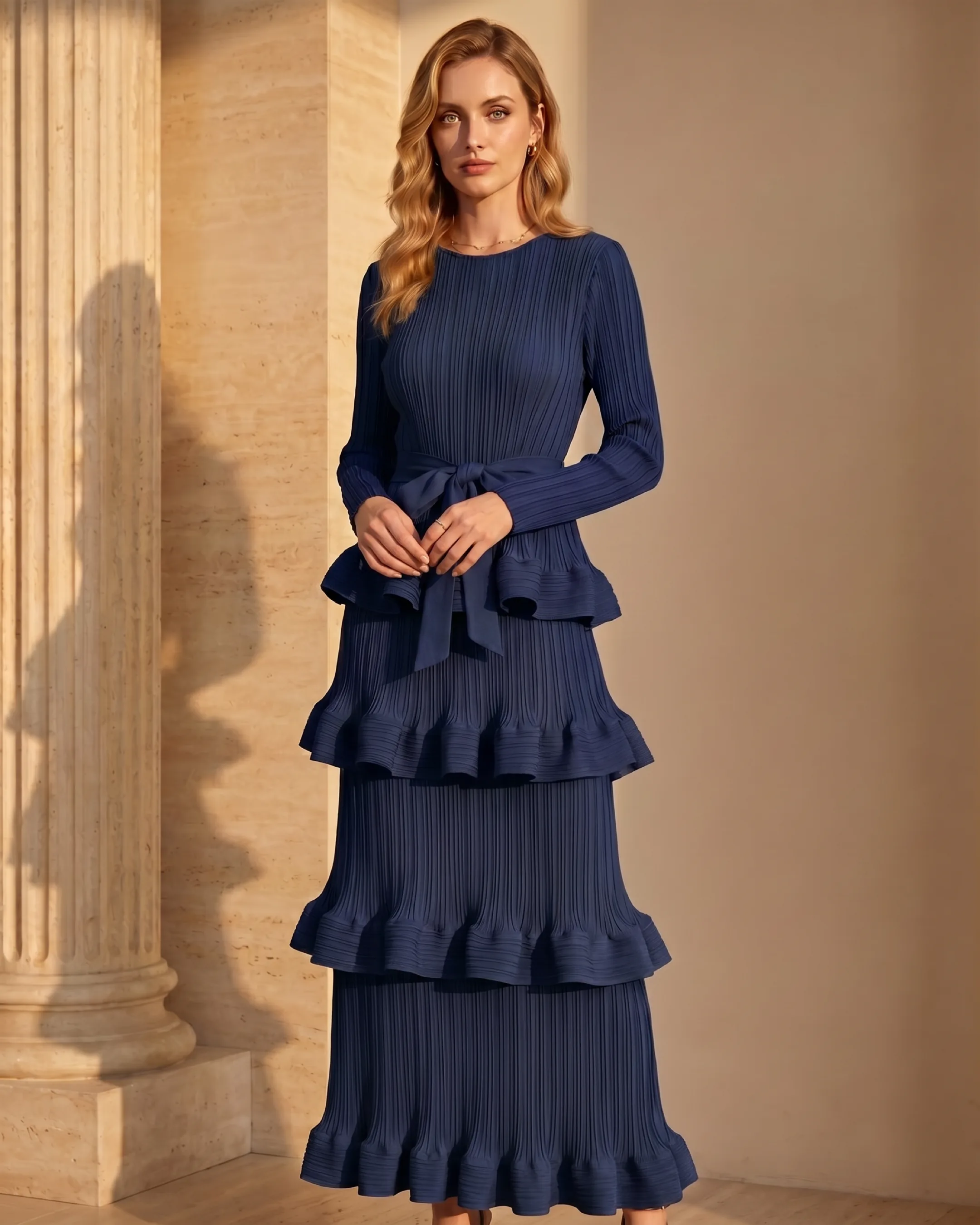 Munatia Belted Tiered Pleated Column Maxi Dress in Cobalto — Hugo Caesar Tassi