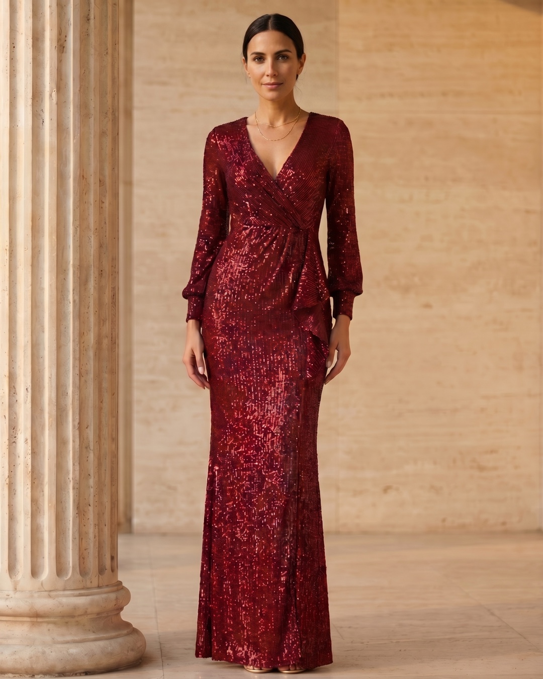 Hugo Caesar Tassi Norbana wine sequined evening gown photographed beside a fluted travertine column, composed and restrained in soft golden light