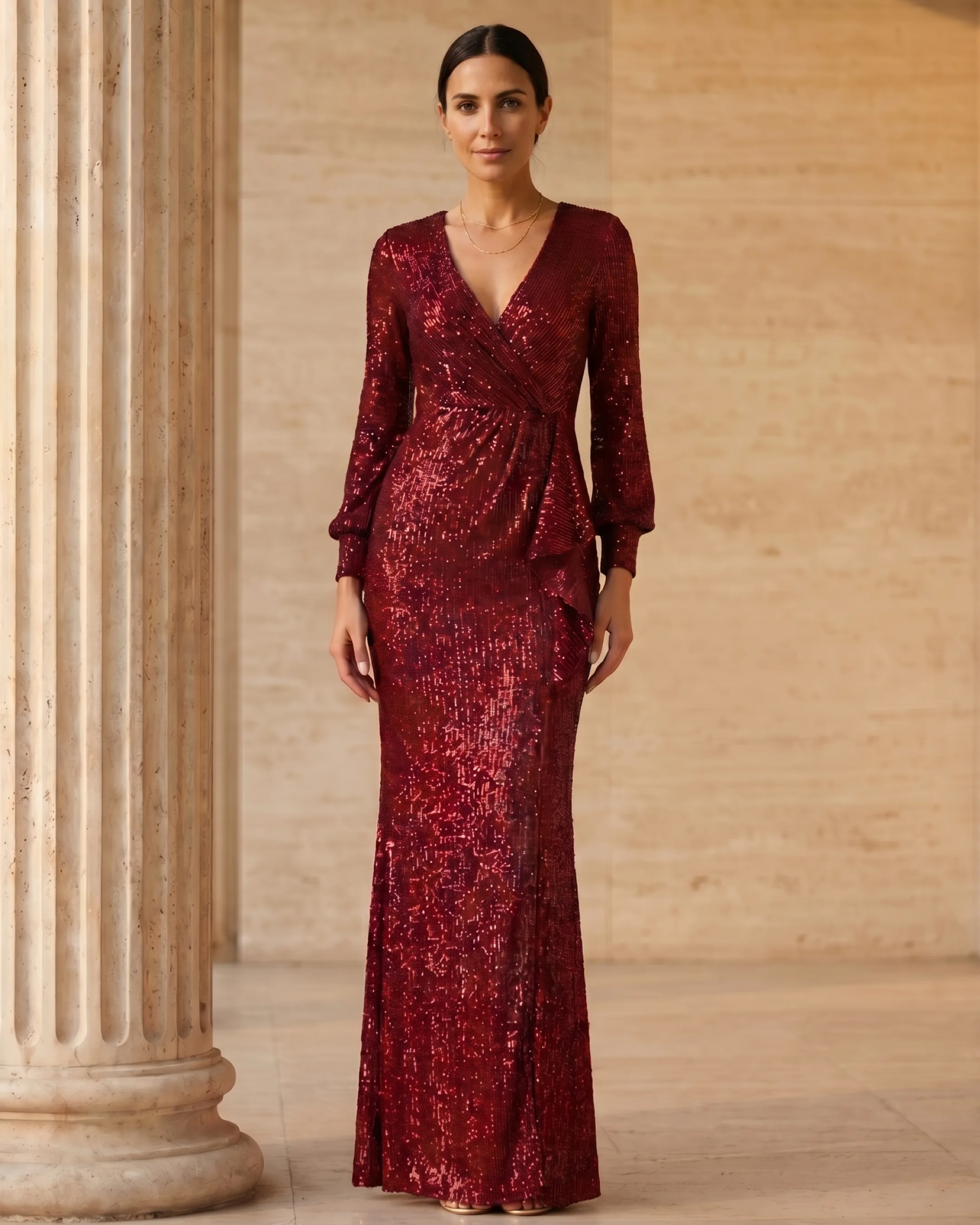 Hugo Caesar Tassi Norbana wine sequined evening gown photographed beside a fluted travertine column, composed and restrained in soft golden light