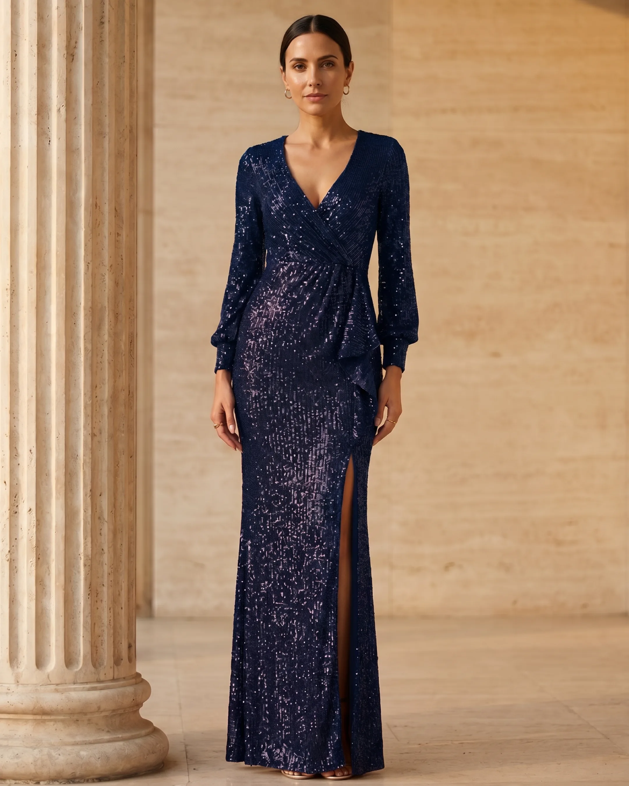 Norbana Sequined Long-Sleeve Wrap Evening Gown in Cobalto — Hugo Caesar Tassi