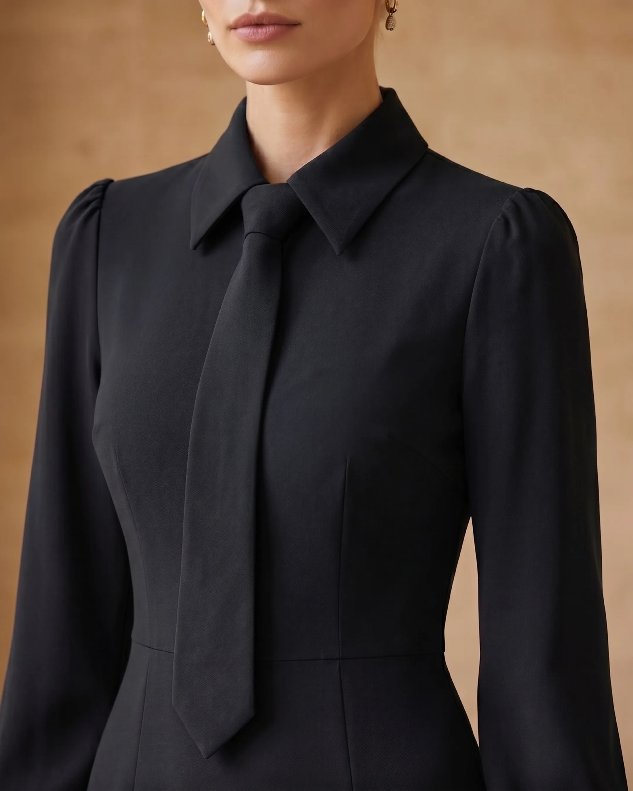 Hugo Caesar Tassi Octavia close-up of the pointed collar, slim hanging tie and princess-seamed bodice in black crepe