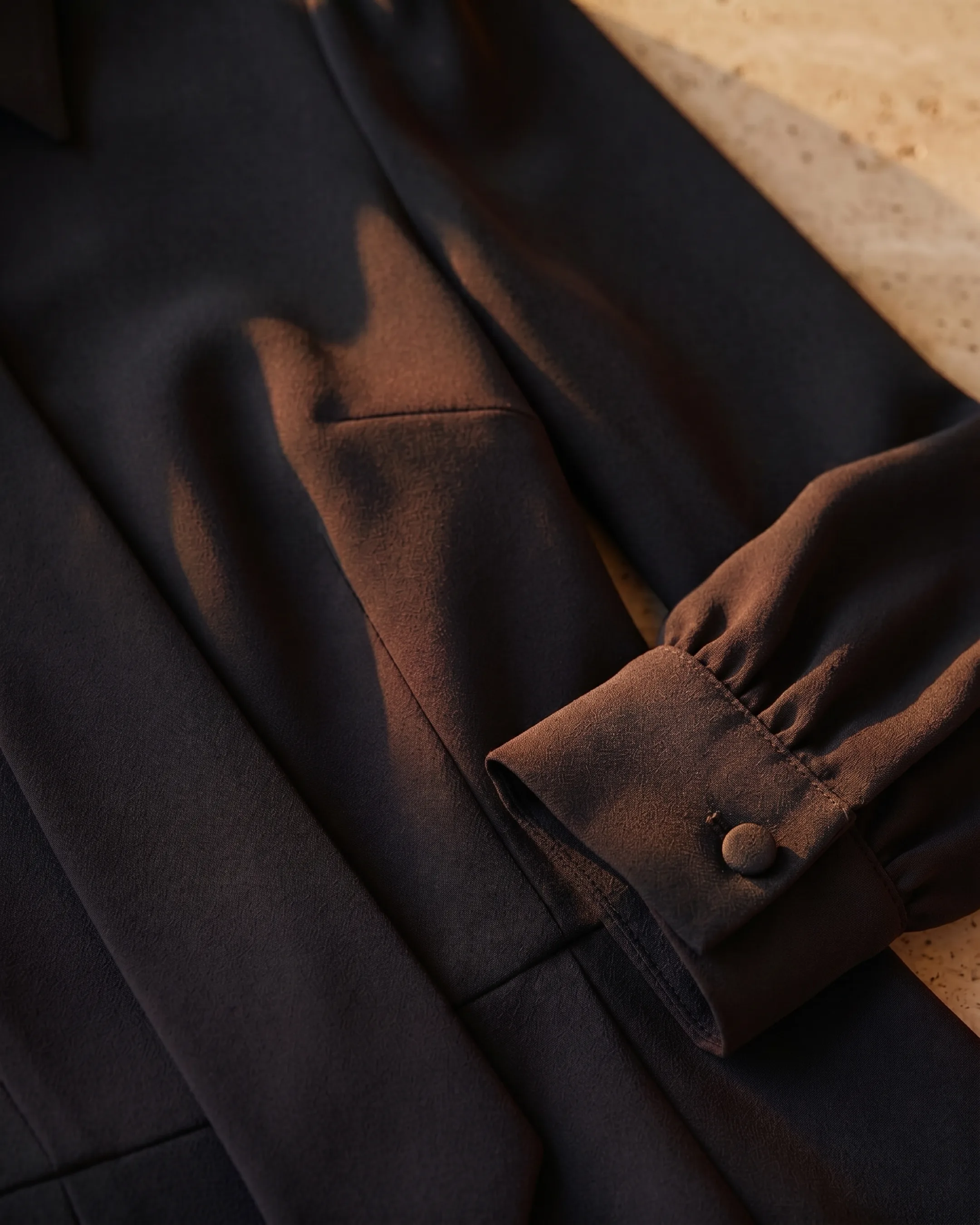 Hugo Caesar Tassi Octavia fabric macro of matte black crepe with a buttoned cuff and seam