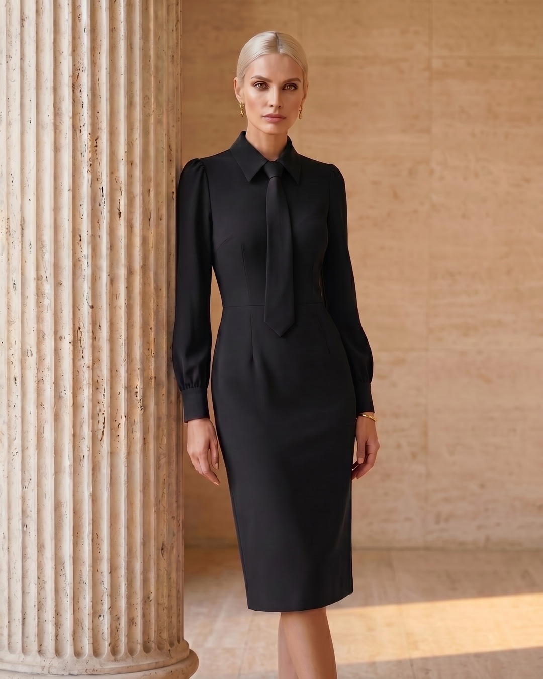 Hugo Caesar Tassi Octavia editorial wide of the black sheath dress beside a fluted travertine column in golden light