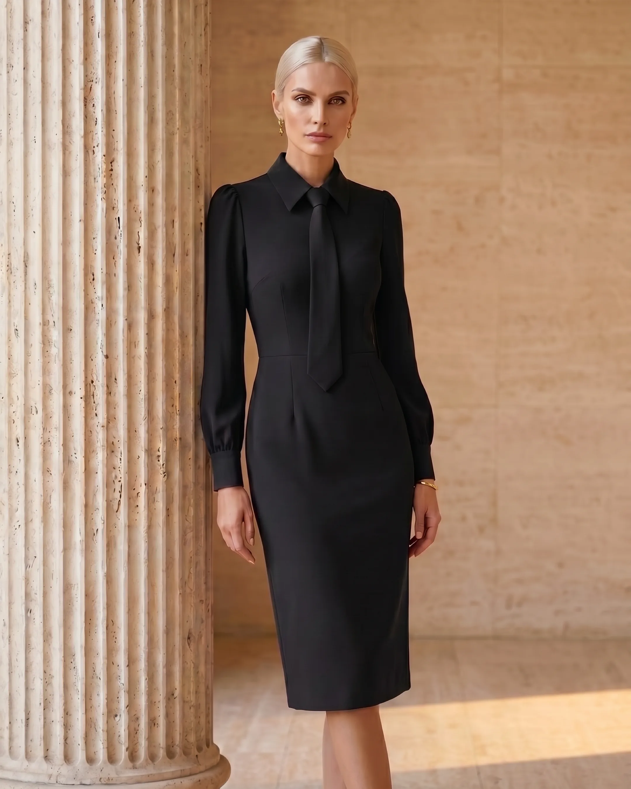 Hugo Caesar Tassi Octavia editorial wide of the black sheath dress beside a fluted travertine column in golden light