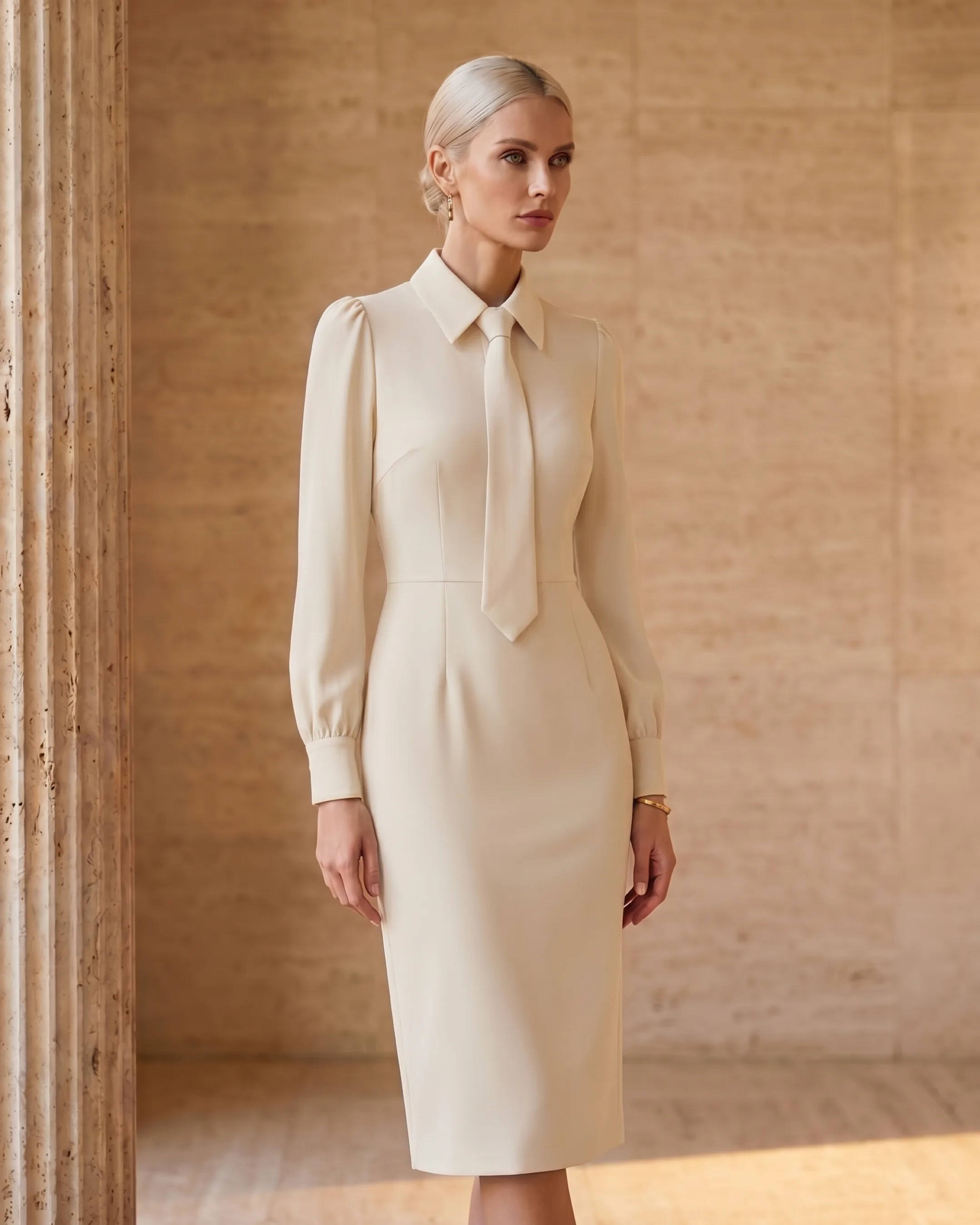 Octavia Tie-Neck Fitted Sheath Midi Dress in Avorio — Hugo Caesar Tassi