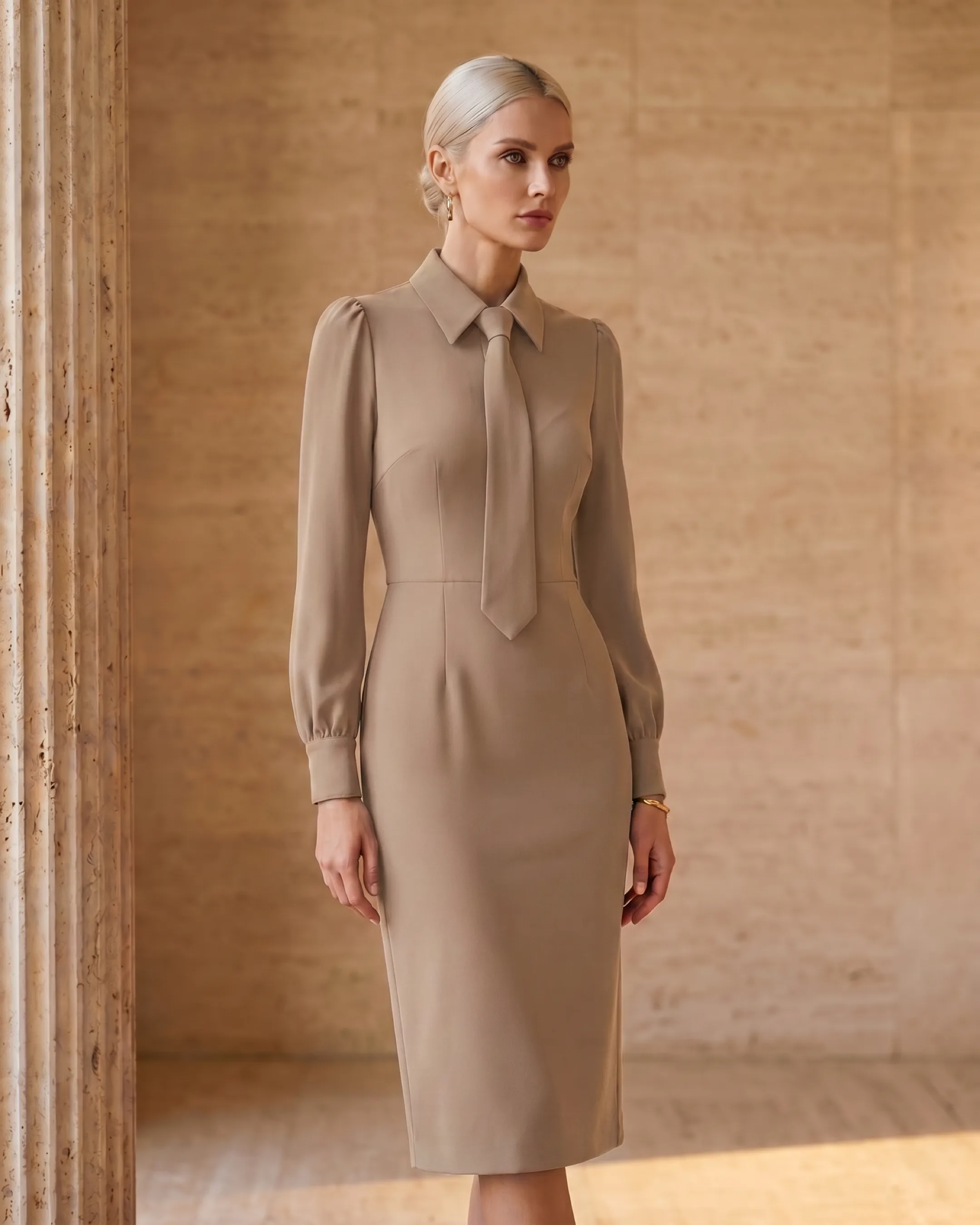 Octavia Tie-Neck Fitted Sheath Midi Dress in Travertine — Hugo Caesar Tassi