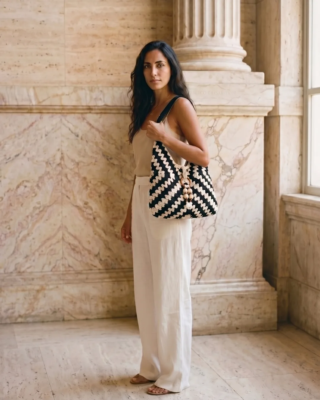 Ostia Hand-Crocheted Woven Shoulder Tote Bag in Basalt — Hugo Caesar Tassi