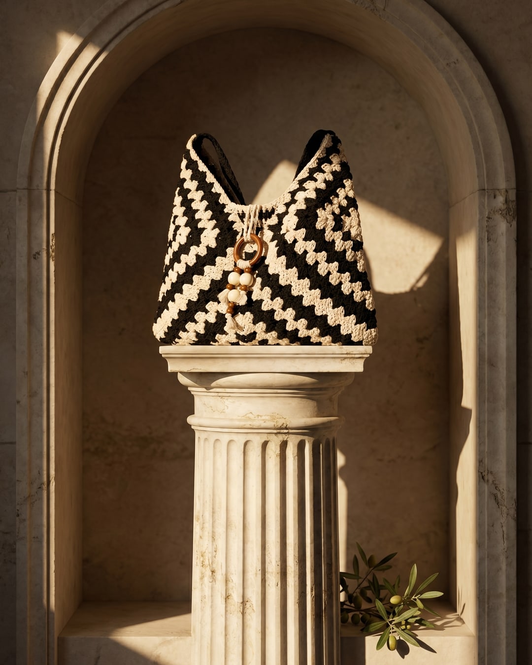 The Basalt Ostia tote displayed on a Roman travertine column pedestal
