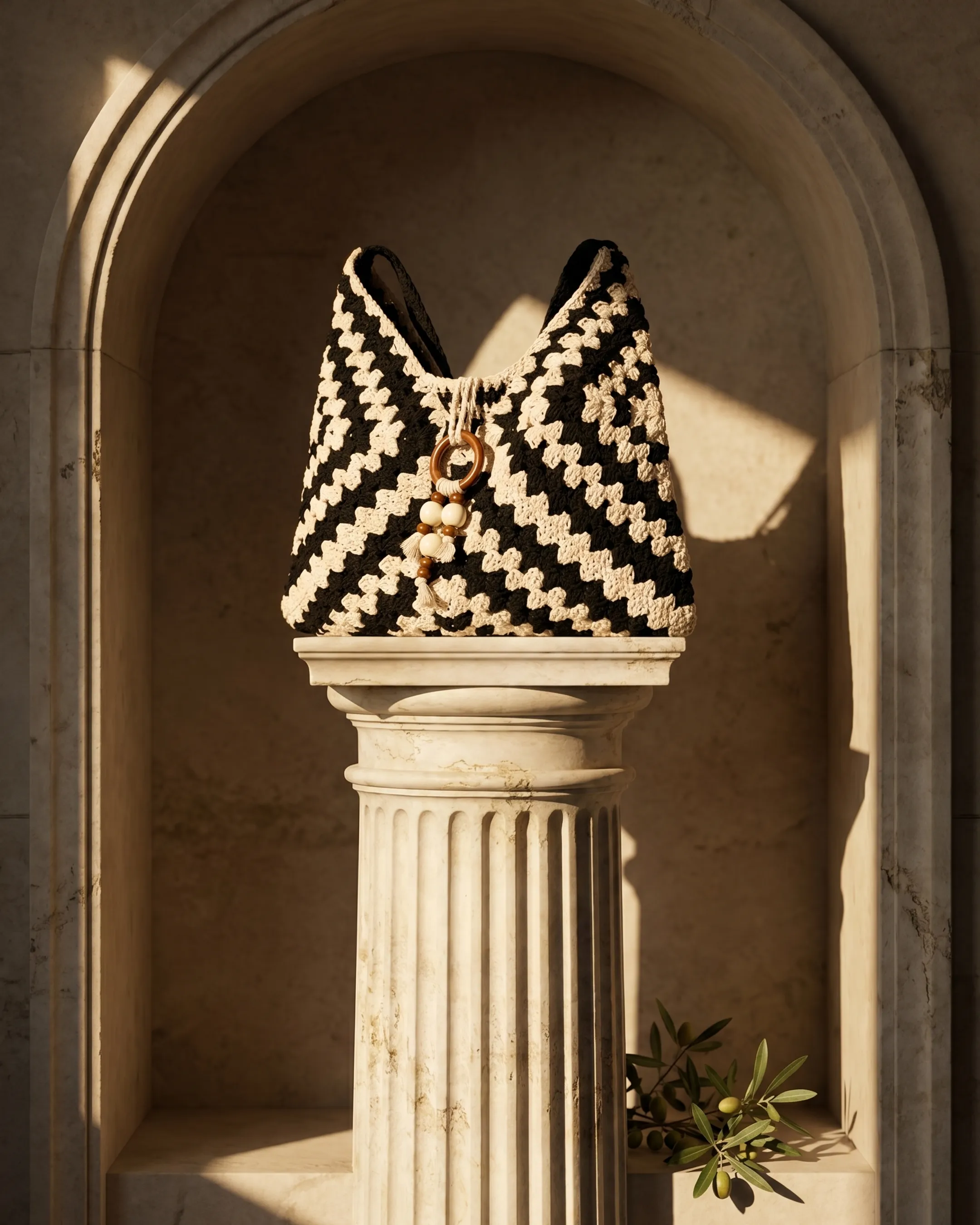 The Basalt Ostia tote displayed on a Roman travertine column pedestal
