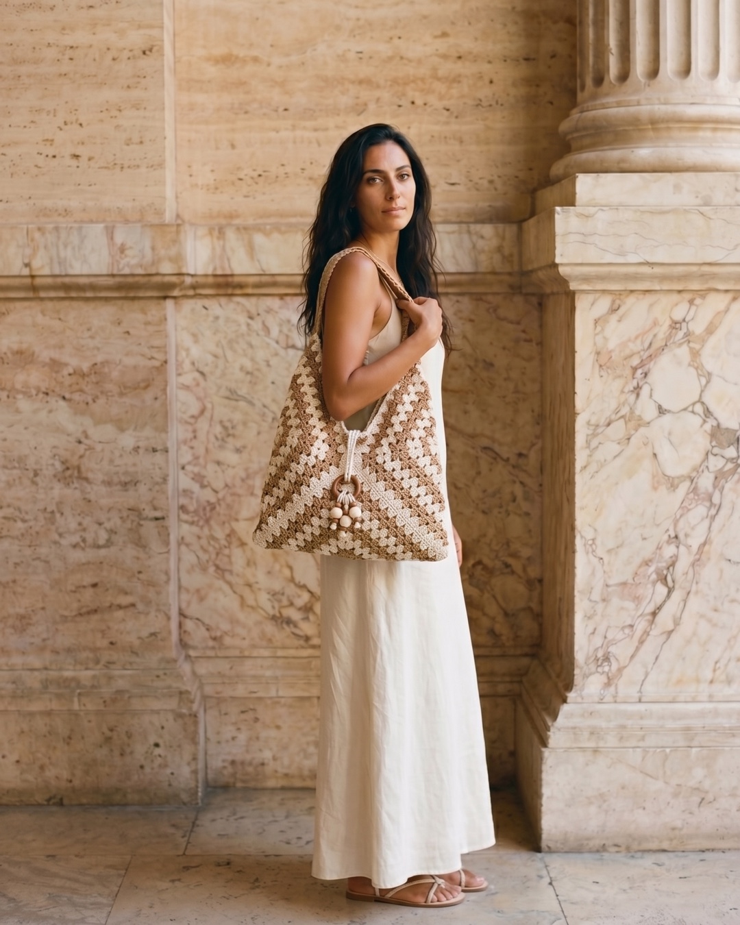 Hugo Caesar Tassi Ostia hand-crocheted woven shoulder tote in Travertine, carried by a model in a Roman travertine studio