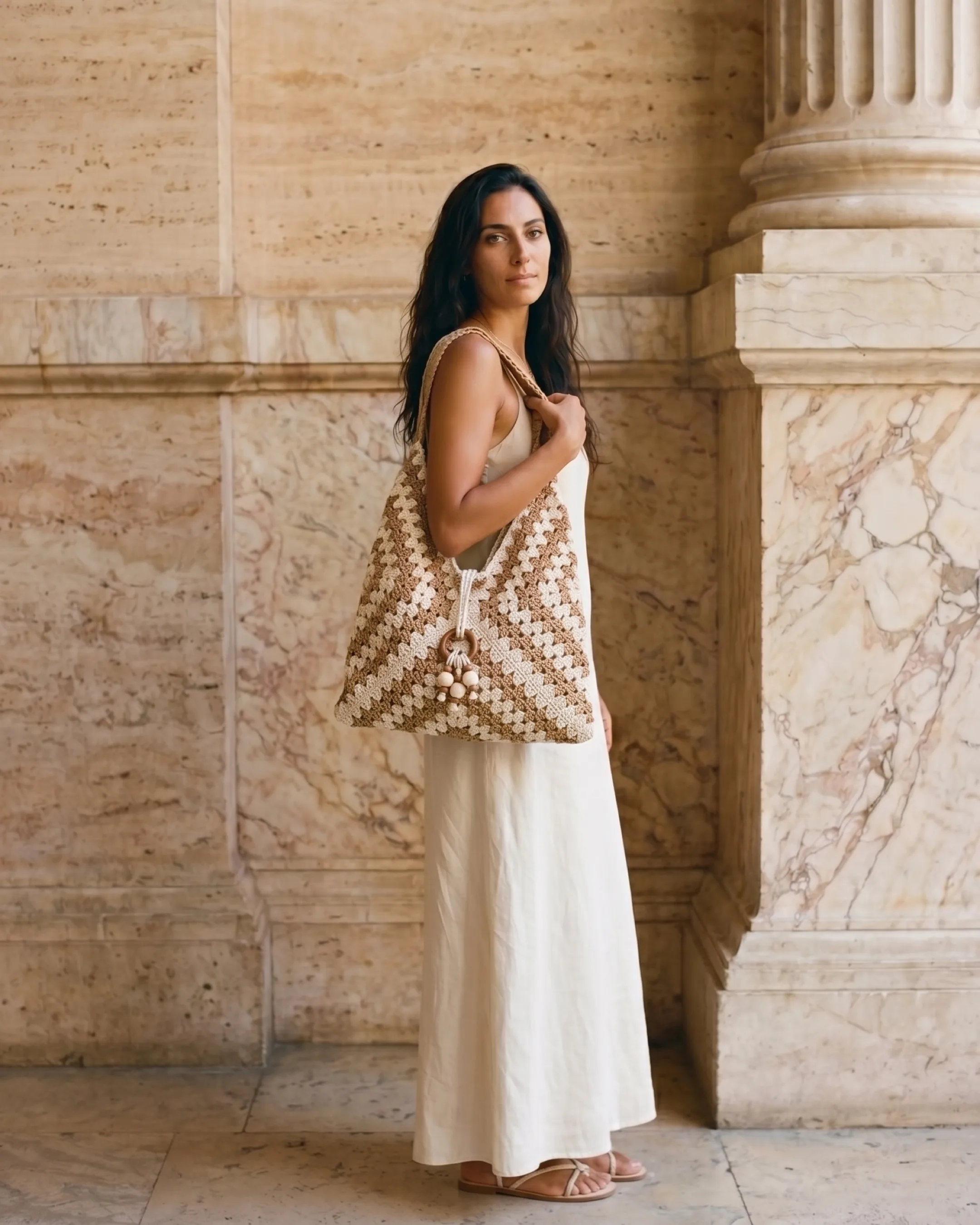Hugo Caesar Tassi Ostia hand-crocheted woven shoulder tote in Travertine, carried by a model in a Roman travertine studio