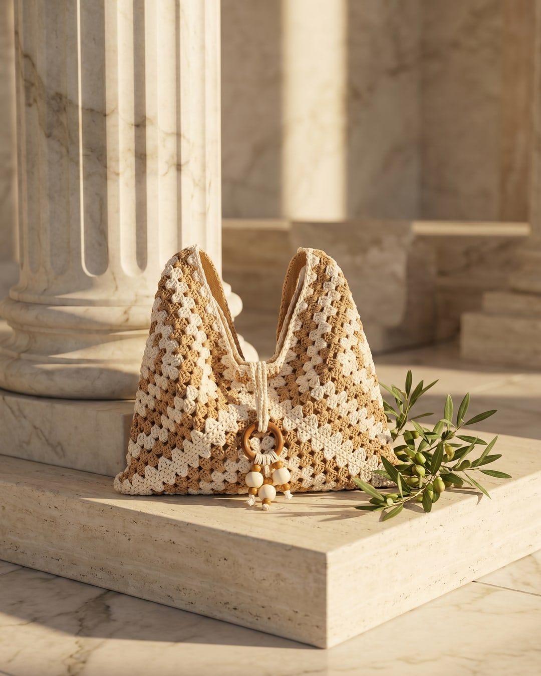 The Travertine Ostia tote in a sunlit Roman travertine corner