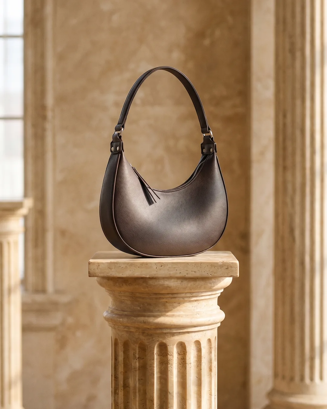 Palatina Minimalist Crescent Leather Shoulder Bag in Smooth Full-Grain Leather