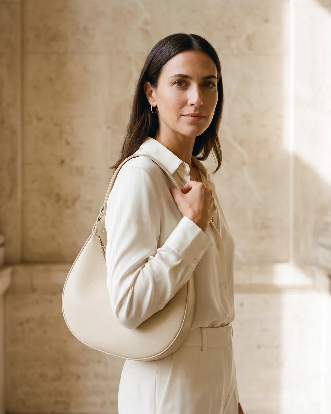 Palatina Minimalist Crescent Leather Shoulder Bag in Smooth Full-Grain Leather in Avorio — Hugo Caesar Tassi