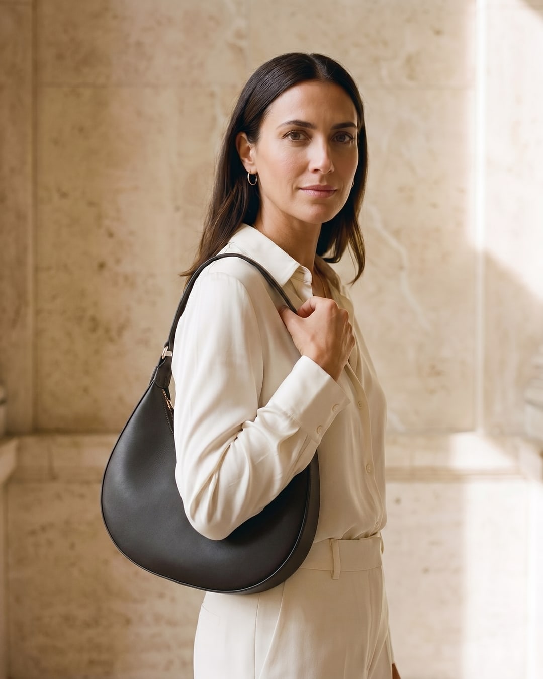 Palatina Minimalist Crescent Leather Shoulder Bag in Smooth Full-Grain Leather in Basalt — Hugo Caesar Tassi