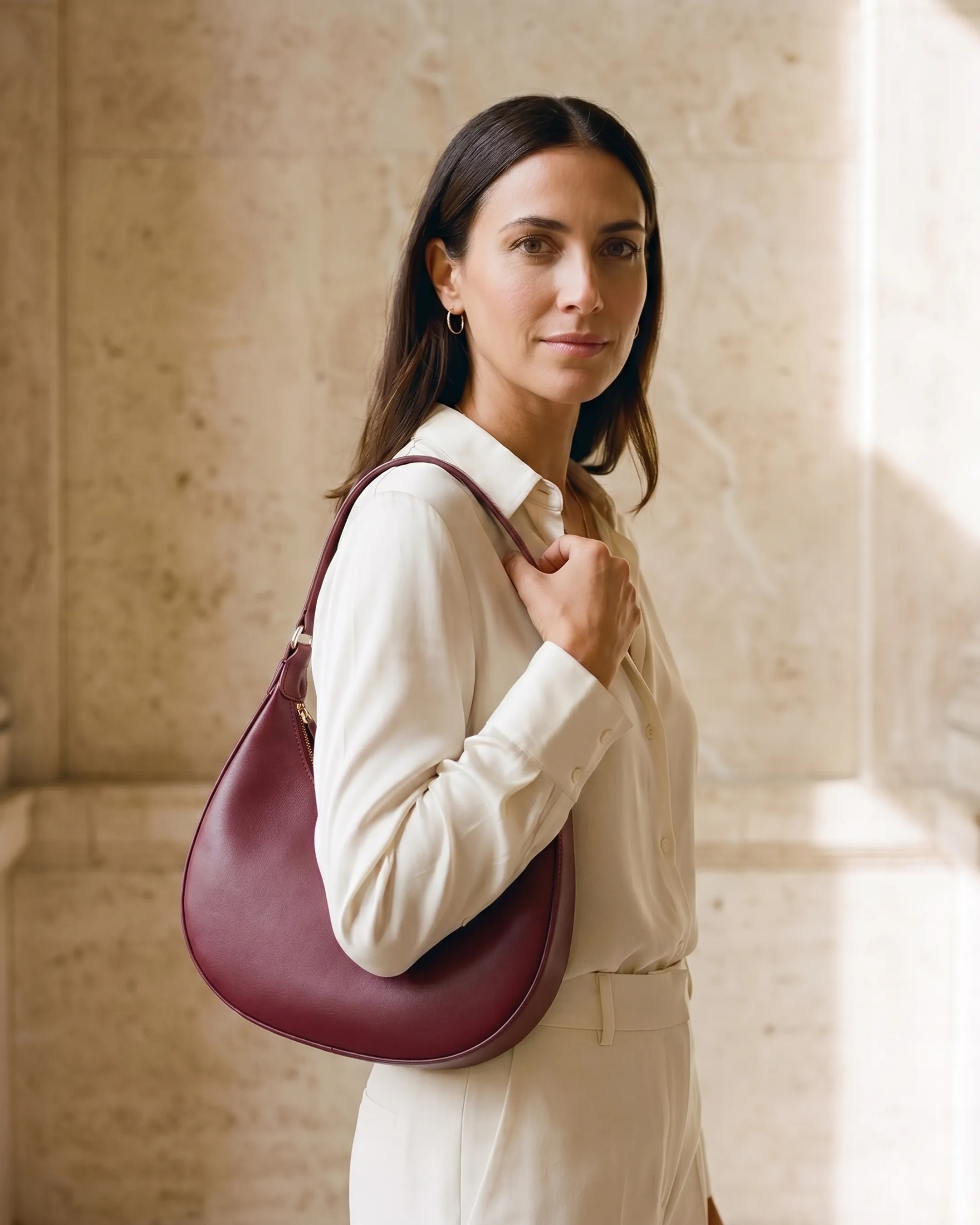 Palatina Minimalist Crescent Leather Shoulder Bag in Smooth Full-Grain Leather in Porpora — Hugo Caesar Tassi