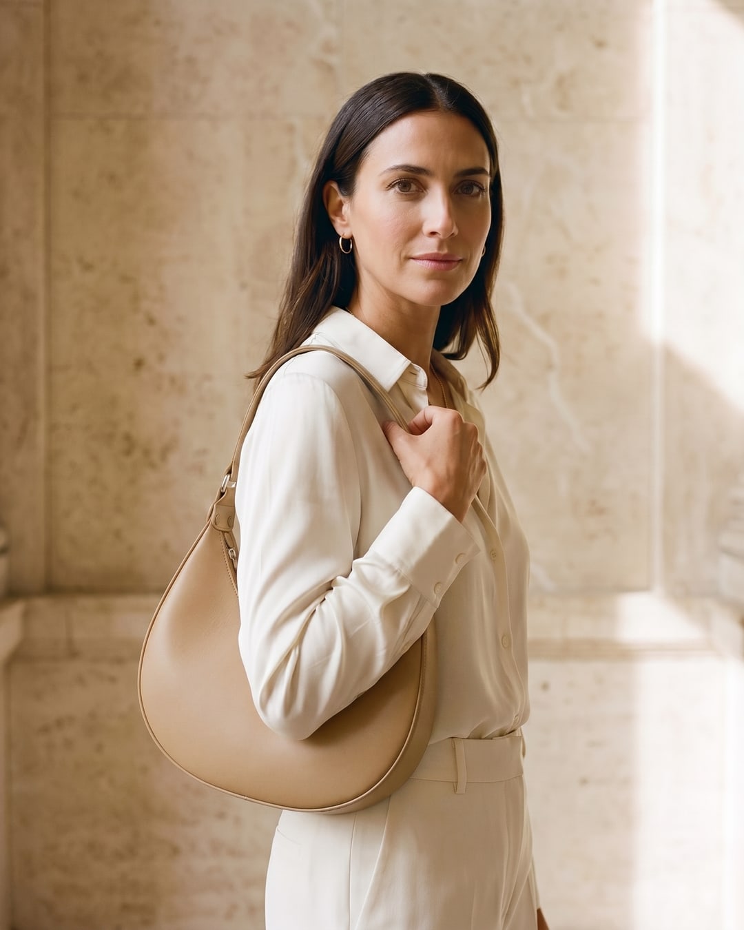 Palatina Minimalist Crescent Leather Shoulder Bag in Smooth Full-Grain Leather in Travertine — Hugo Caesar Tassi