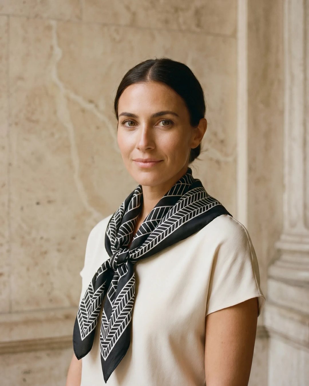 Hugo Caesar Tassi Palmyra twill silk-look square scarf in Basalt black-and-ivory chevron, softly knotted at the neck of a model in a sunlit Roman travertine studio