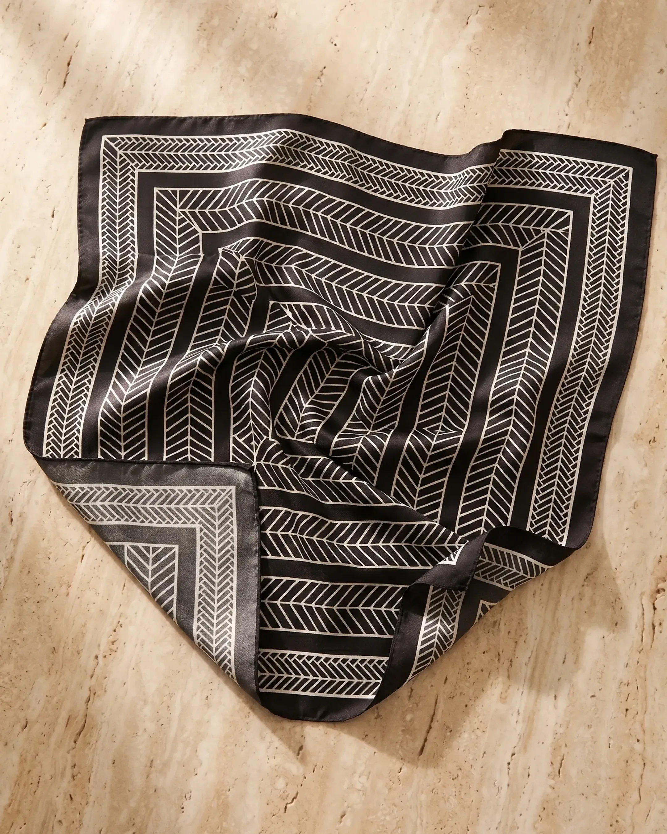 Hugo Caesar Tassi Palmyra scarf in Basalt — a styled flat-lay showing the full black-and-ivory concentric chevron print on a warm travertine surface