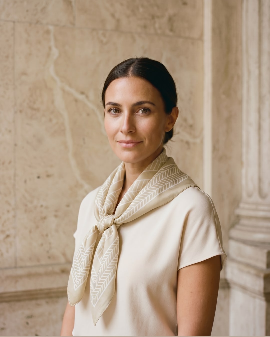 Palmyra Twill Silk-Look Square Scarf in Black-and-Ivory Chevron in Avorio — Hugo Caesar Tassi